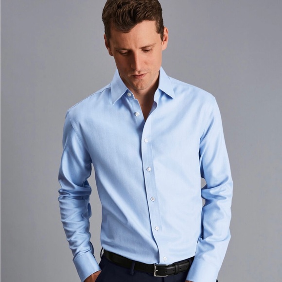 Charles Tyrwhitt Non-Iron Herringbone Cotton Button up Sky Blue Shirt - Picture 3 of 12